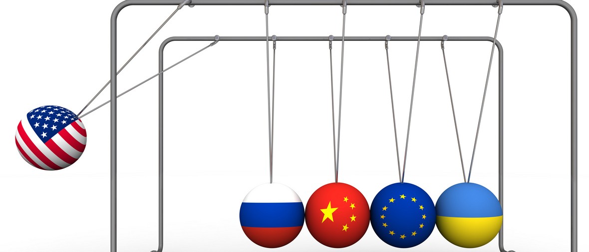 Newton's Cradle with the image of the US flag, Russia, China, the European Union and Ukraine. Ball with flag of the USA brings balls from a state of equilibrium with the flags of other countries. 3D Illustration. Isolated