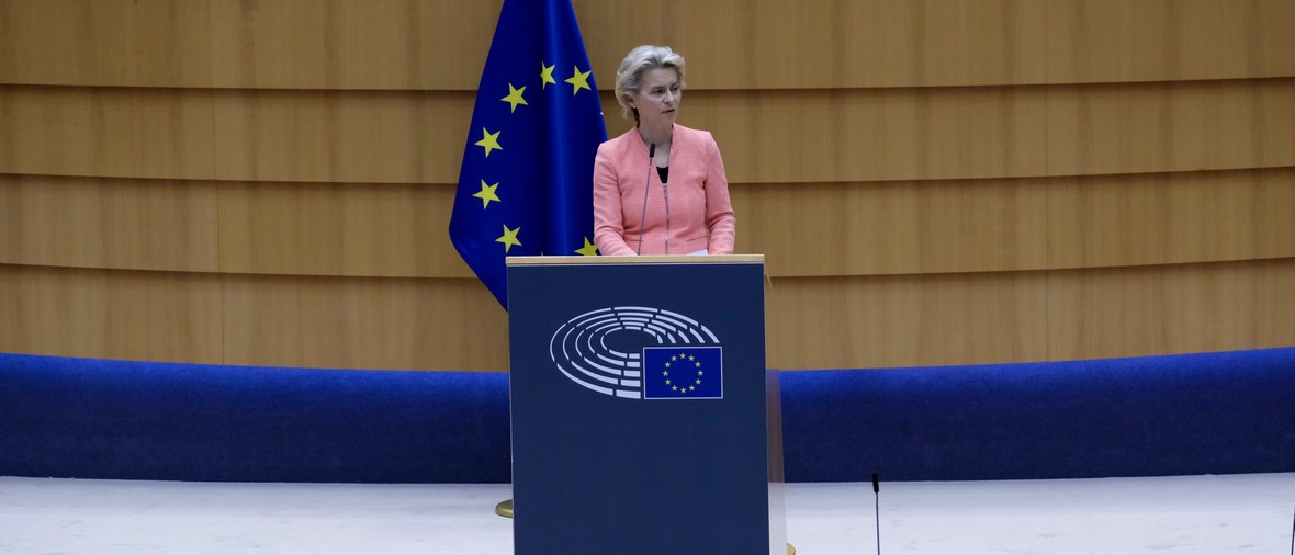 European Commission President Ursula von der Leyen addresses the plenary during her first State of the Union speech at the European Parliament in Brussels,Belgium on Sept. 16, 2020.