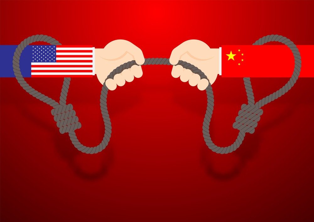 Business Hand of America and China flag pull rope lasso (tug of war game), Trade war and tax crisis concept design illustration isolated on red gradients background with copy space, vector eps 10