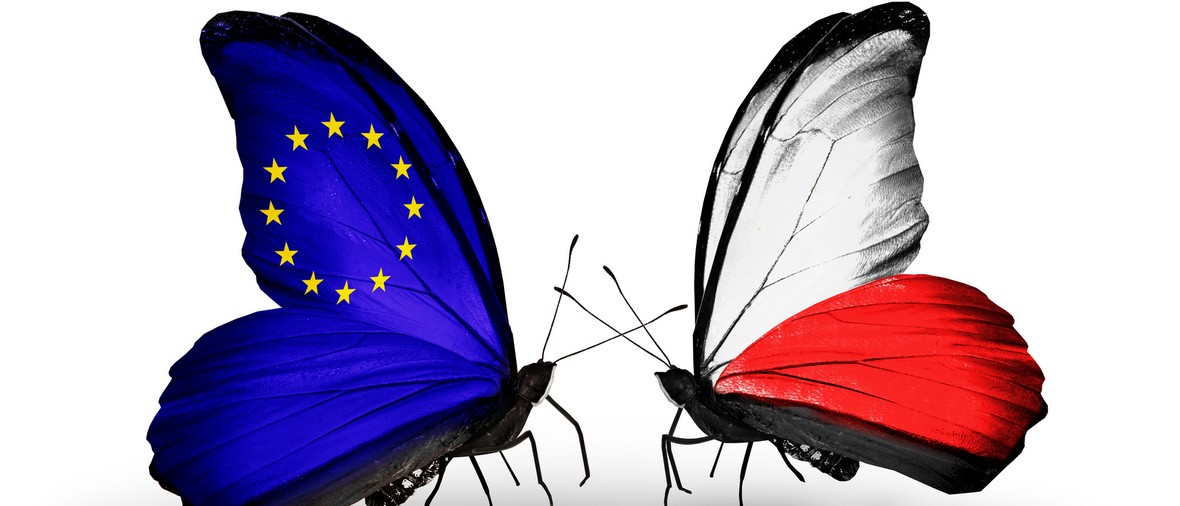 Two butterflies with flags on wings as symbol of relations EU and Poland