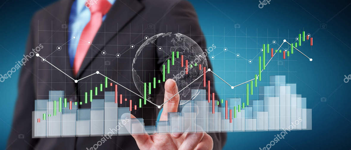 Businessman on blurred background using digital 3D rendered stock exchange stats and charts