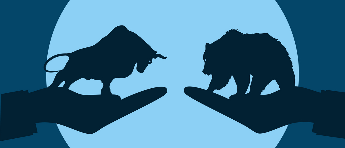 The silhouette between bear and bull market The stock market trend is fighting illustration eps