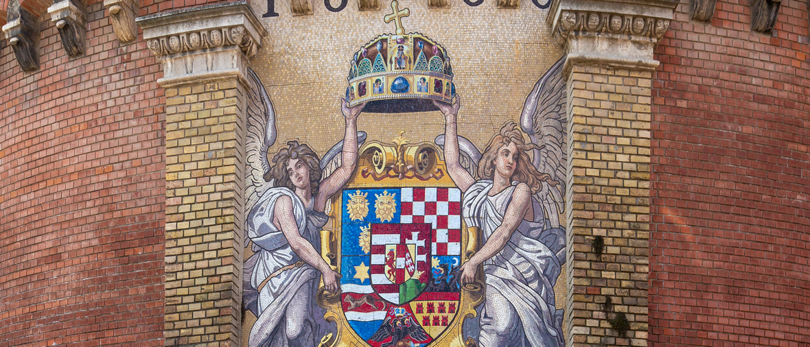 Ancient mosaic coat of arms of Kingdom of Hungary in Budapest.