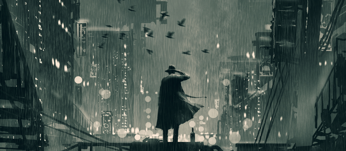 film noir concept showing the detective holding a gun to his head and standing on roof top at rainy night, digital art style, illustration painting