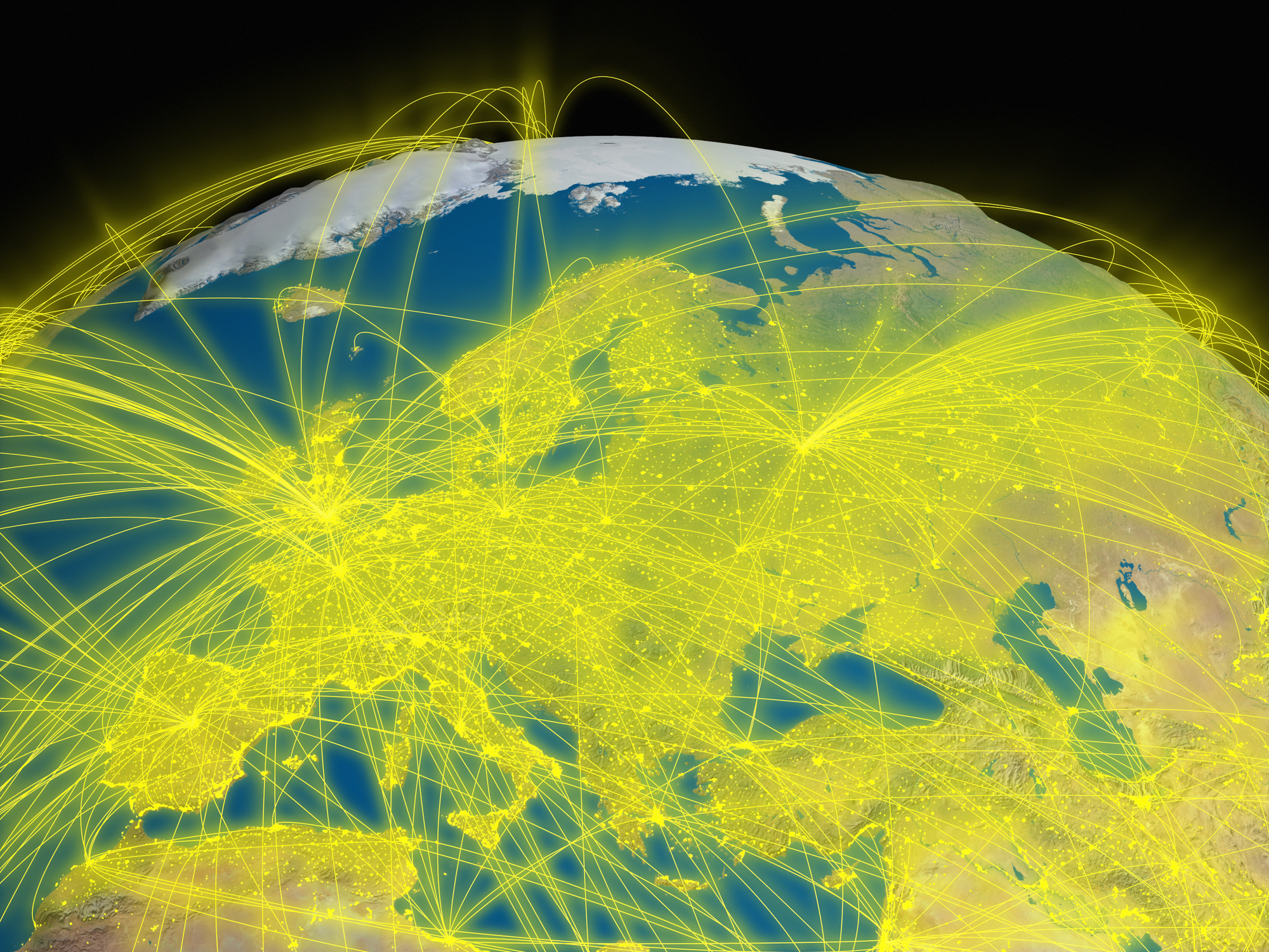 Interconnected Europe Illustration of Europe from space with glowing yellow connections between cities and continents representing global airline networks. Elements of this image furnished by NASA